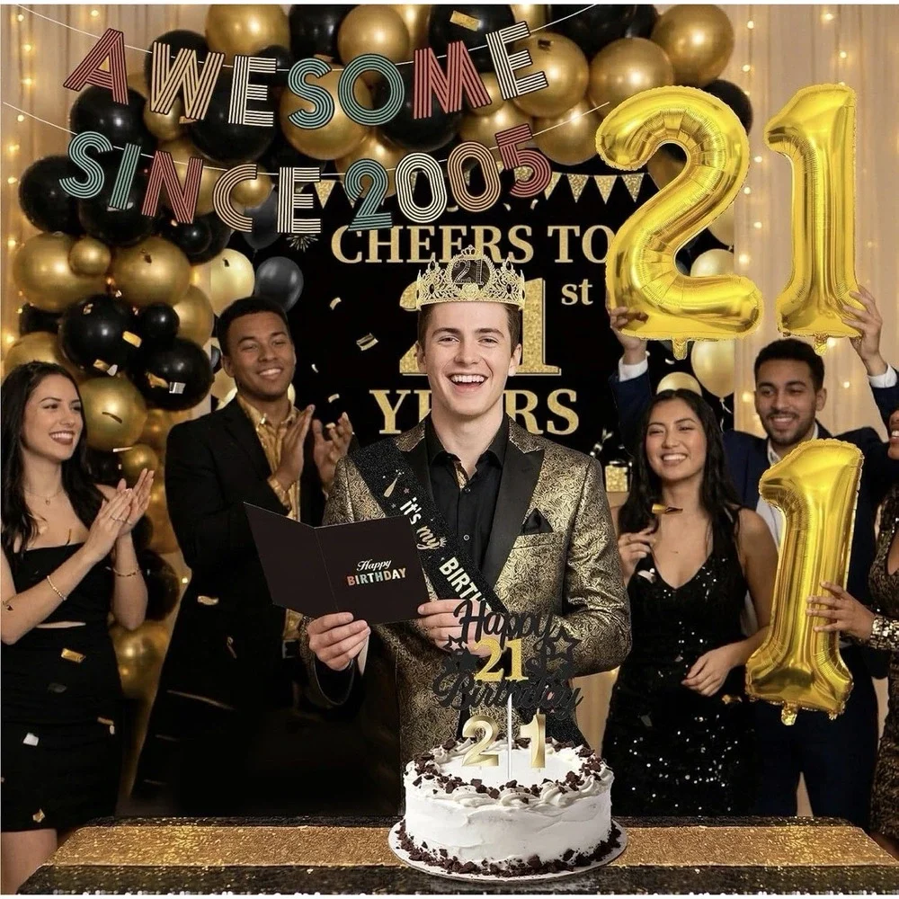 21St Birthday Decorations for Him Her, Happy 21St Birthday Banner with Black Sil